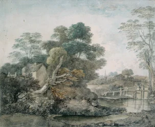 Paesaggio con cottage e ruscello